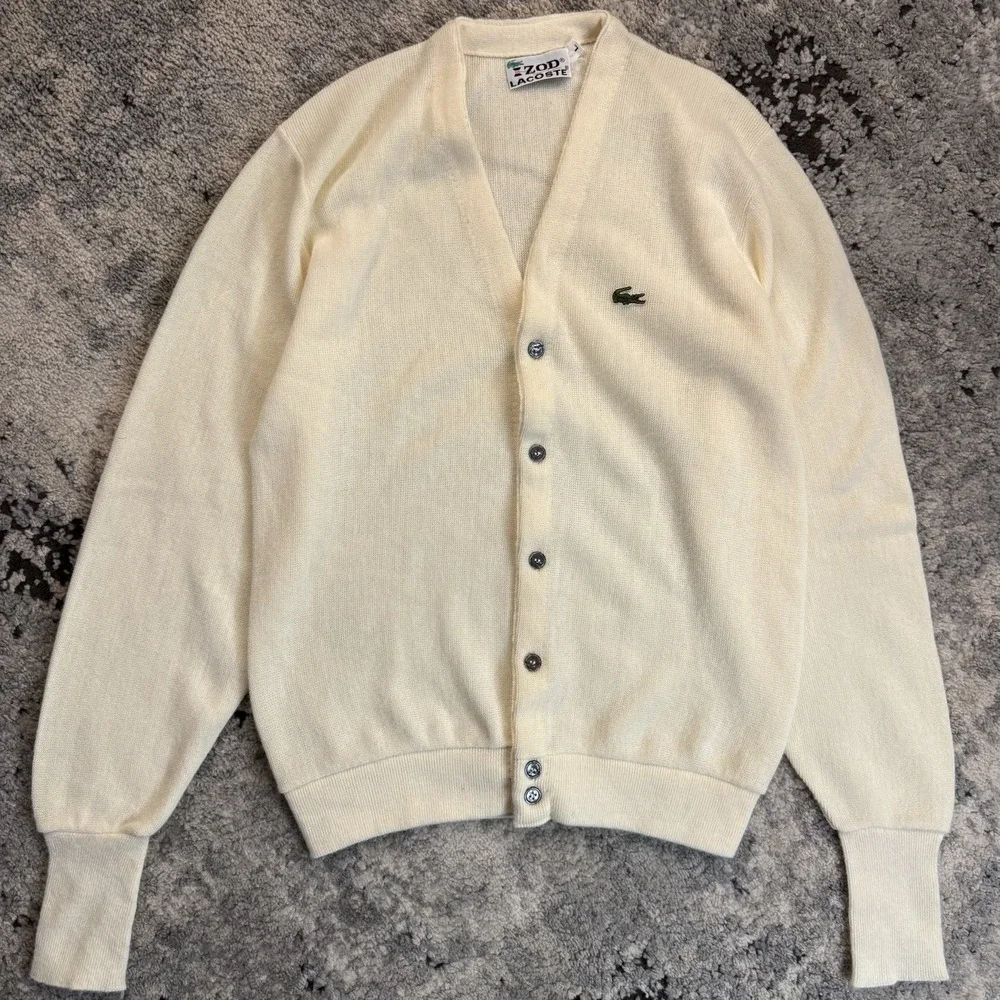 Vintage 80's Izod Lacoste Ivory Men's Acrylic Cardigan Sweater Size Large